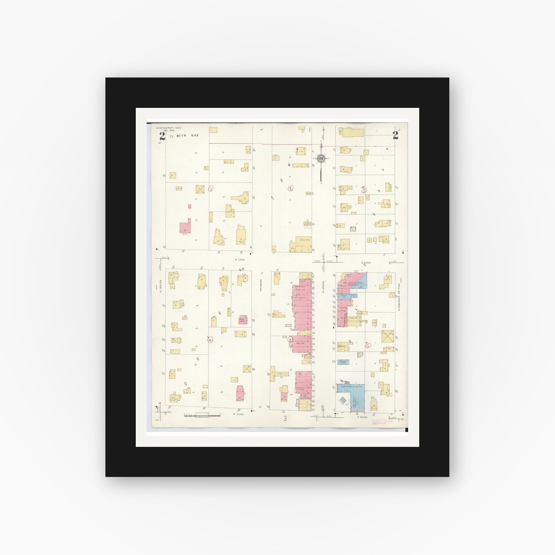 Old map wall art mockup — black gallery frame with white mat — Sanborn Fire Insurance Map from Schoolcraft, Kalamazoo County, Michigan (1937), Sheet #0002