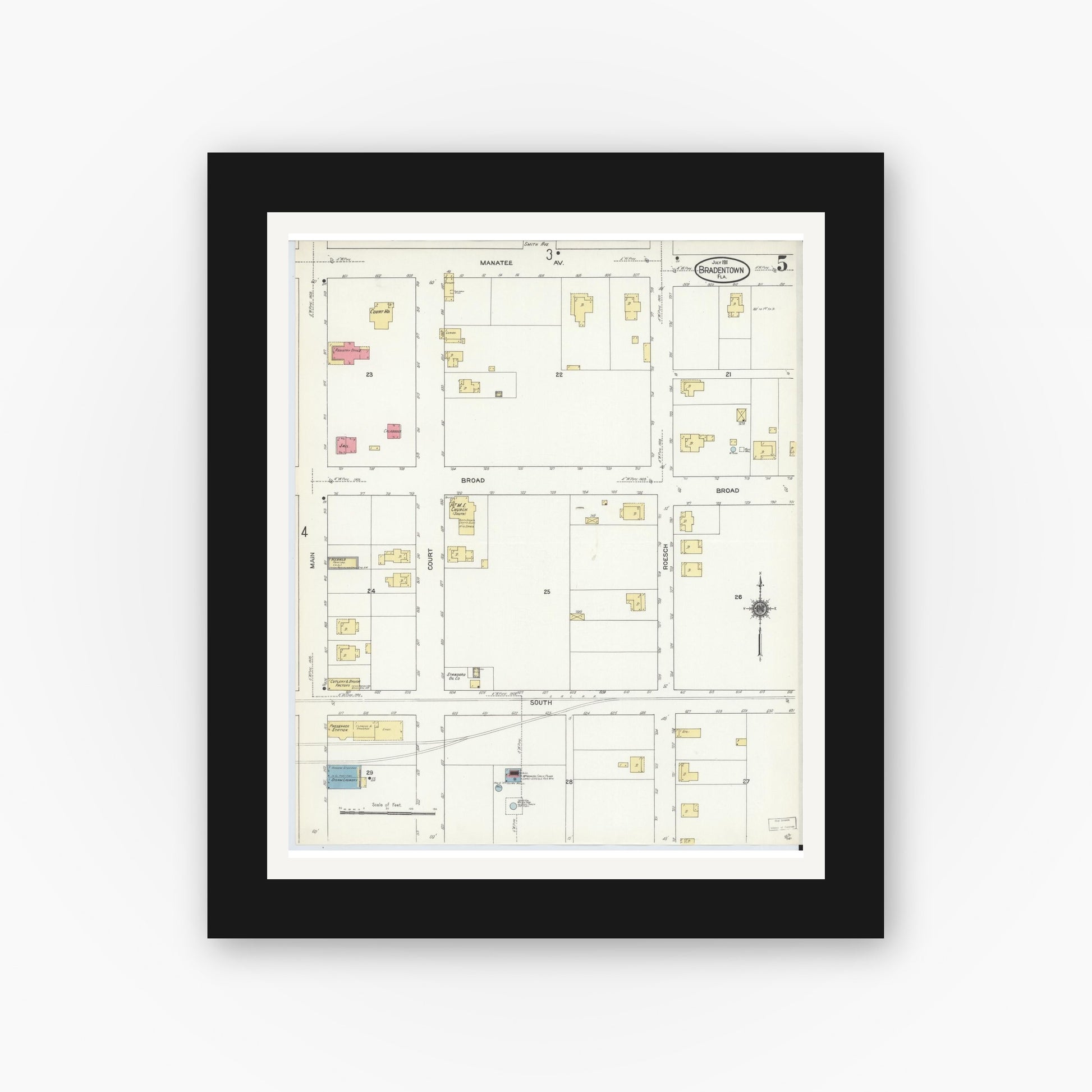 Old map wall art mockup — black gallery frame with white mat — Sanborn Fire Insurance Map from Bradentown, Manatee County, Florida (1911), Sheet #0005