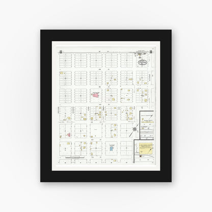 Old map wall art mockup — black gallery frame with white mat — Sanborn Fire Insurance Map from Pecos, Reeves County, Texas (1927), Sheet #0008