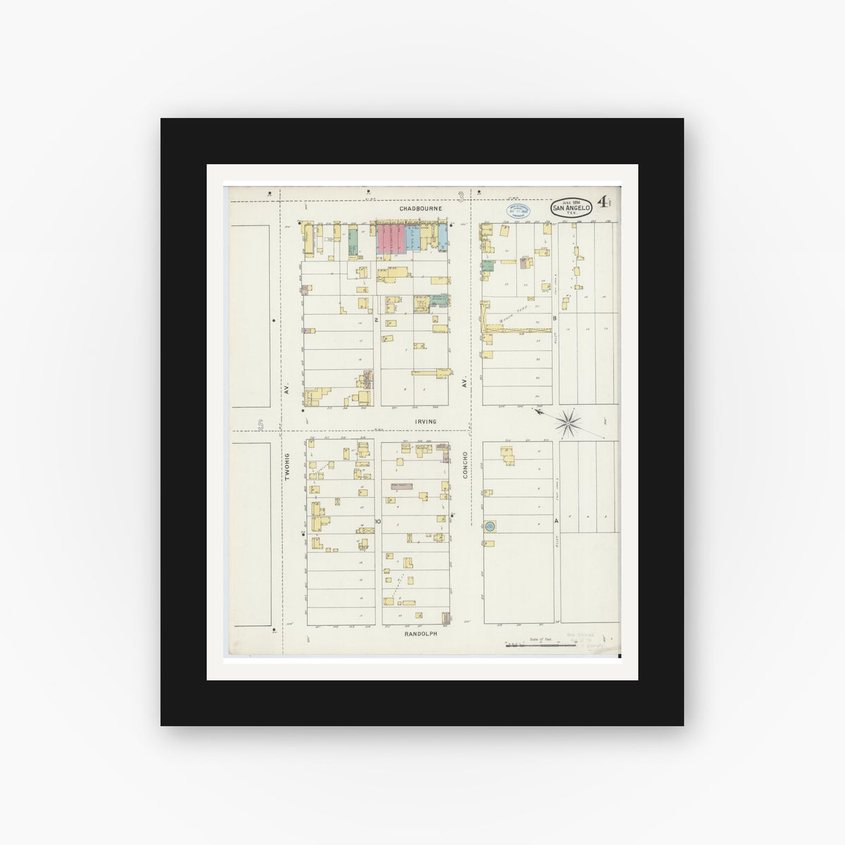 Old map wall art mockup — black gallery frame with white mat — Sanborn Fire Insurance Map from San Angelo, Tom Green County, Texas (1894), Sheet #0004