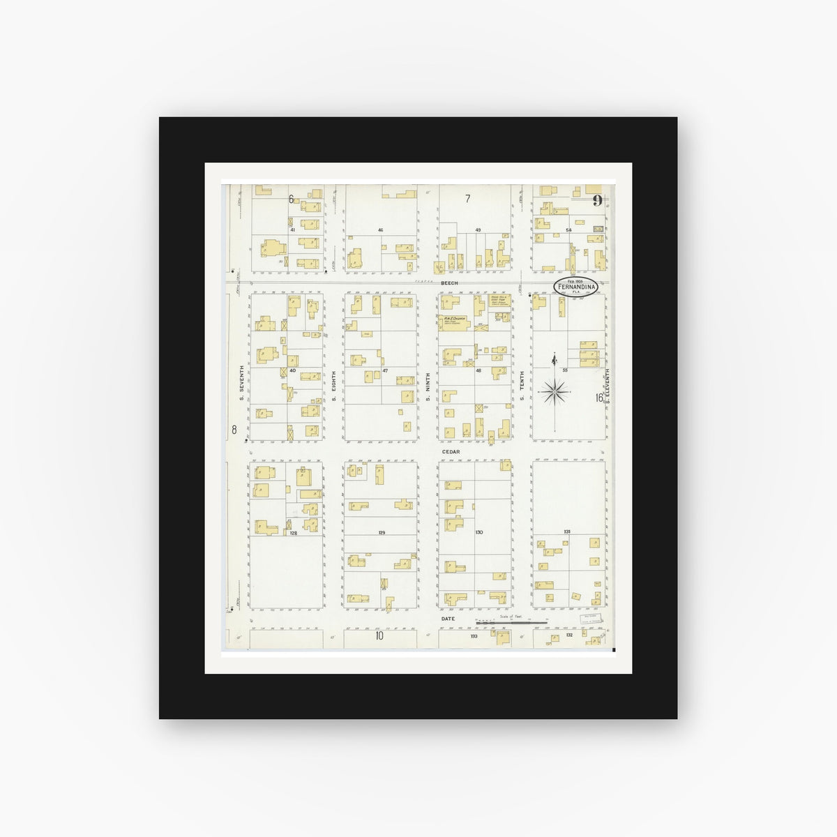 Old map wall art mockup — black gallery frame with white mat — Sanborn Fire Insurance Map from Fernandina, Nassau County, Florida (1909), Sheet #0009