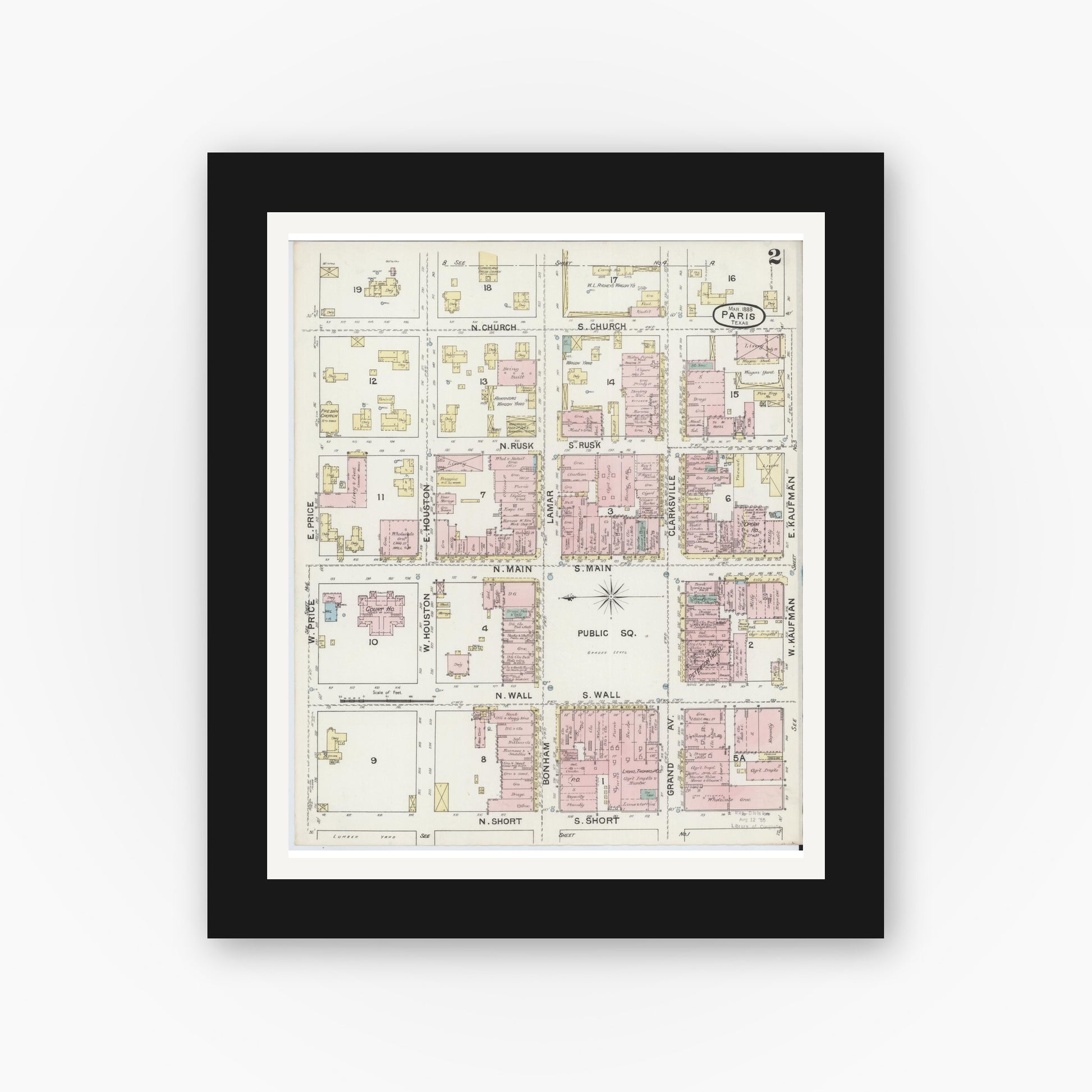 Old map wall art mockup — black gallery frame with white mat — Sanborn Fire Insurance Map from Paris, Lamar County, Texas (1888), Sheet #0002