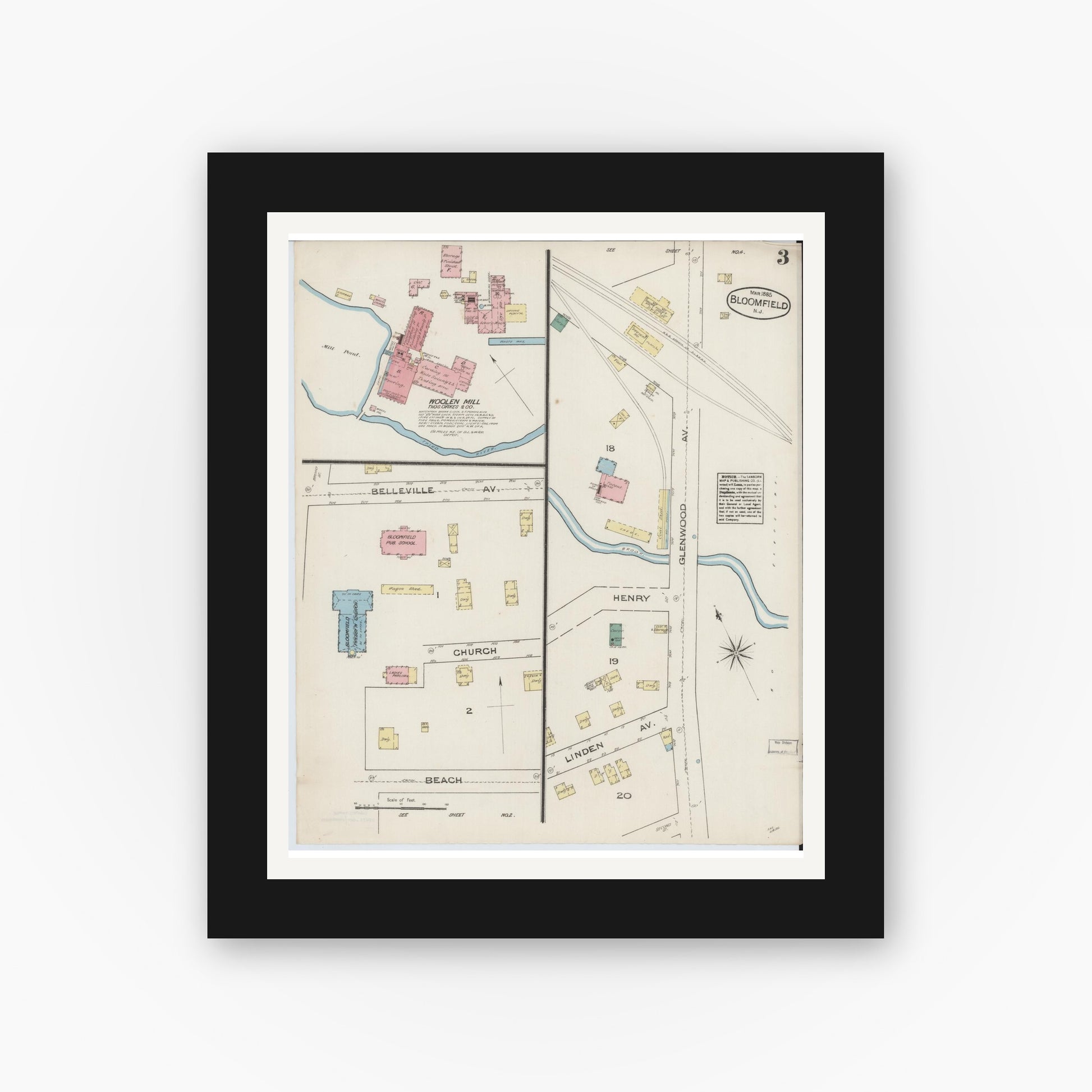 Old map wall art mockup — black gallery frame with white mat — Sanborn Fire Insurance Map from Bloomfield, Essex County, New Jersey (1885), Sheet #0003