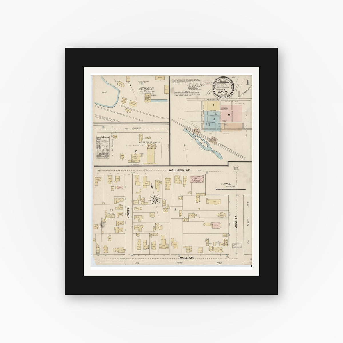 Old map wall art mockup — black gallery frame with white mat — Sanborn Fire Insurance Map from Bath, Steuben County, New York (1888) - Complete Map Set