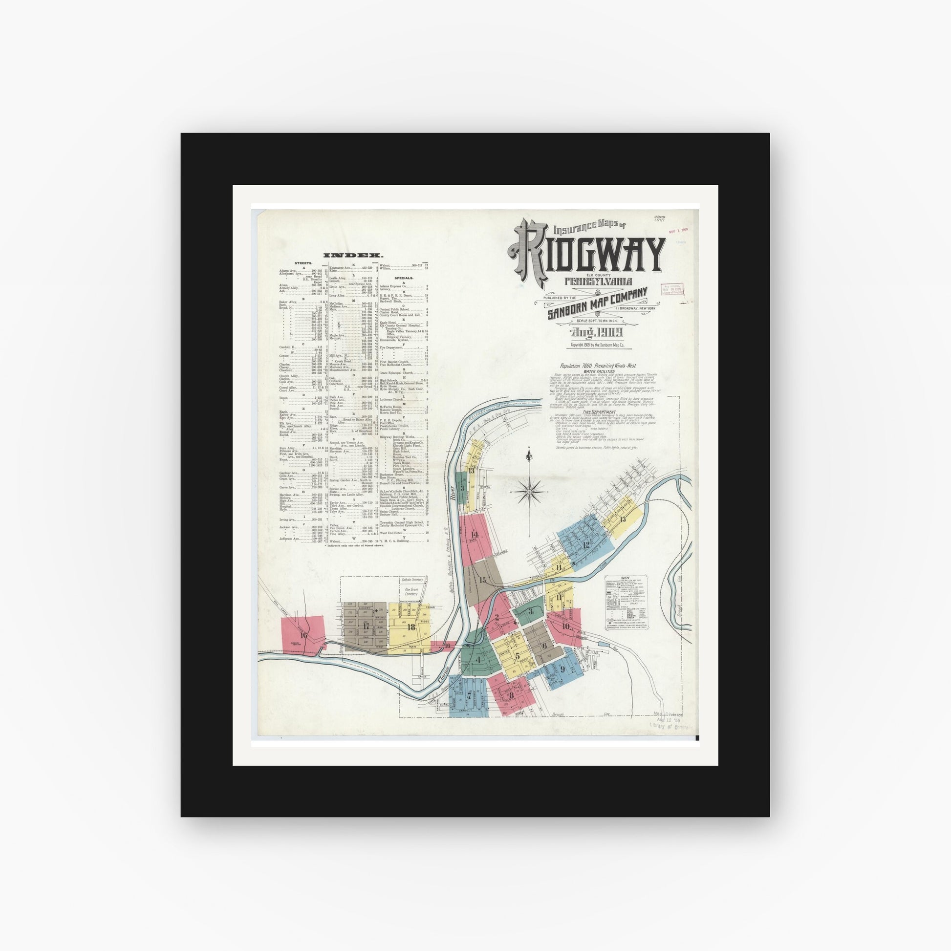 Old map wall art mockup — black gallery frame with white mat — Sanborn Fire Insurance Map from Ridgway, Elk County, Pennsylvania (1909) - Complete Map Set