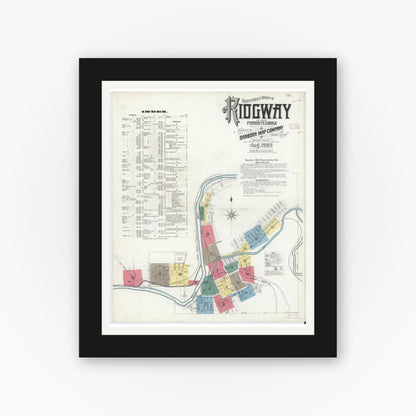 Old map wall art mockup — black gallery frame with white mat — Sanborn Fire Insurance Map from Ridgway, Elk County, Pennsylvania (1909) - Complete Map Set