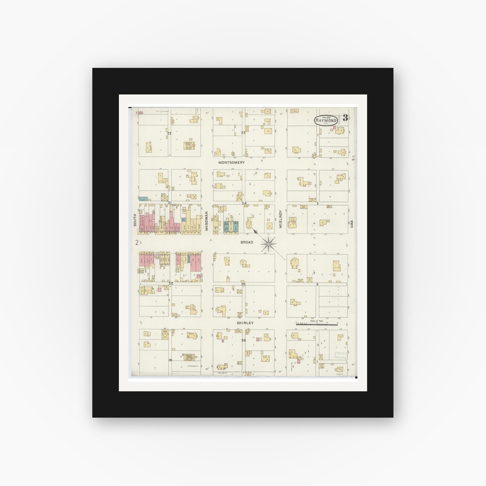 Old map wall art mockup — black gallery frame with white mat — Sanborn Fire Insurance Map from Raymond, Montgomery County, Illinois (1901), Sheet #0003