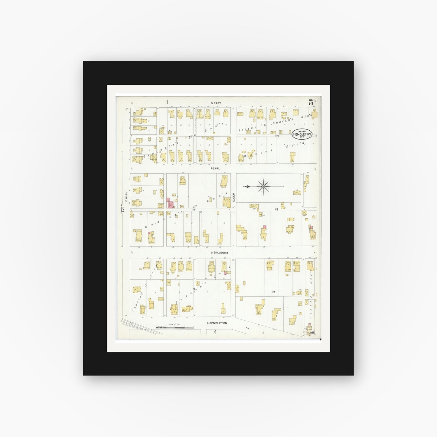 Old map wall art mockup — black gallery frame with white mat — Sanborn Fire Insurance Map from Pendleton, Madison County, Indiana (1908), Sheet #0005