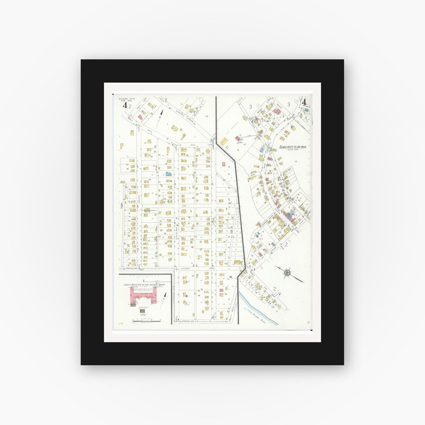 Old map wall art mockup — black gallery frame with white mat — Sanborn Fire Insurance Map from Milford, Clermont And Hamilton County, Ohio (1933), Sheet #0004