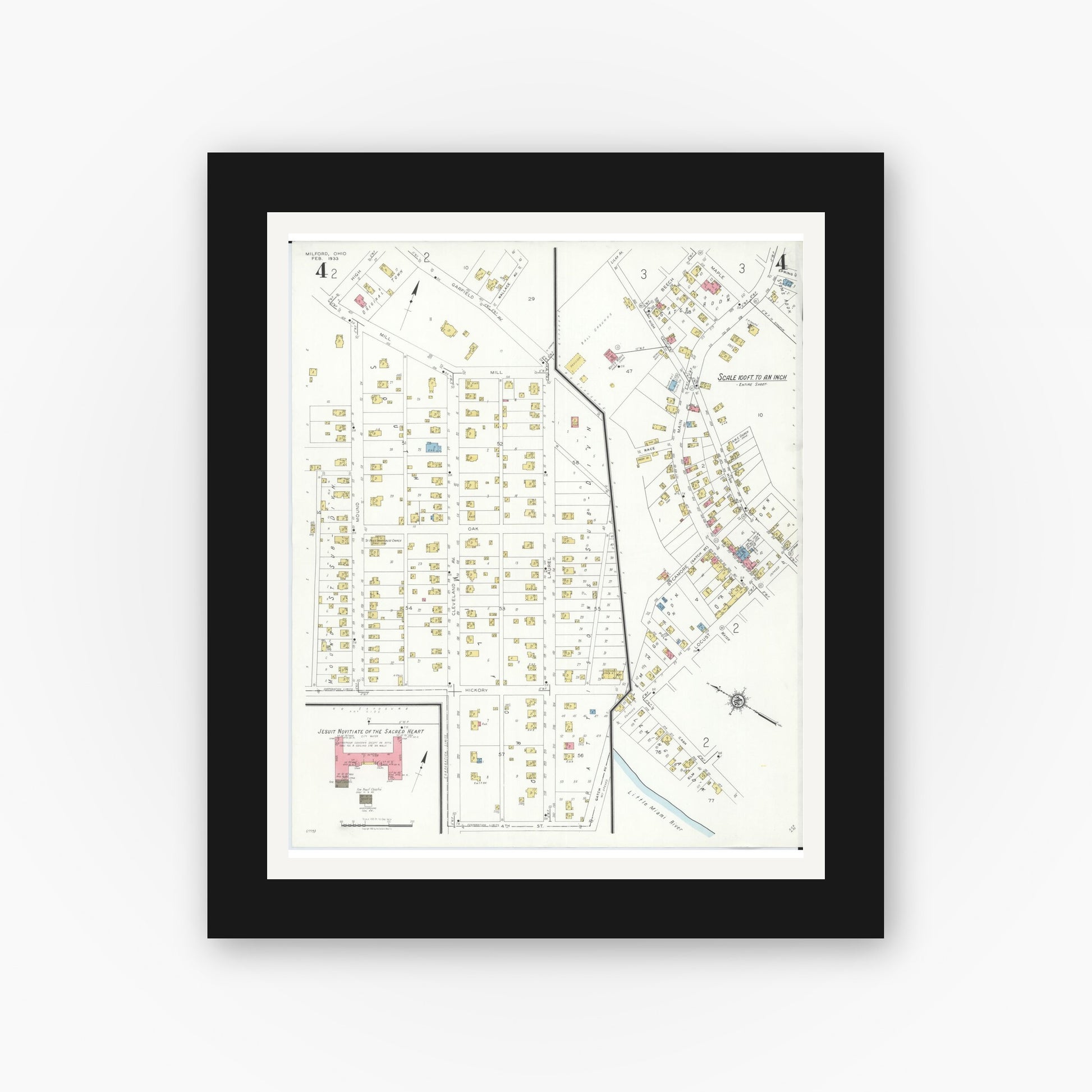Old map wall art mockup — black gallery frame with white mat — Sanborn Fire Insurance Map from Milford, Clermont And Hamilton County, Ohio (1933), Sheet #0004