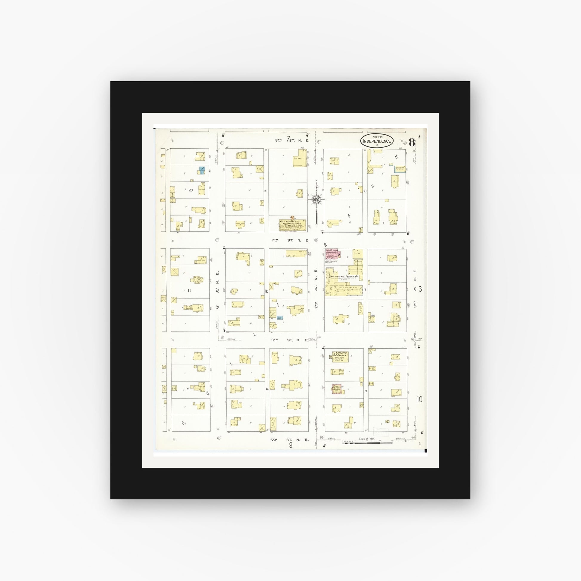 Old map wall art mockup — black gallery frame with white mat — Sanborn Fire Insurance Map from Independence, Buchanan County, Iowa (1913), Sheet #0008