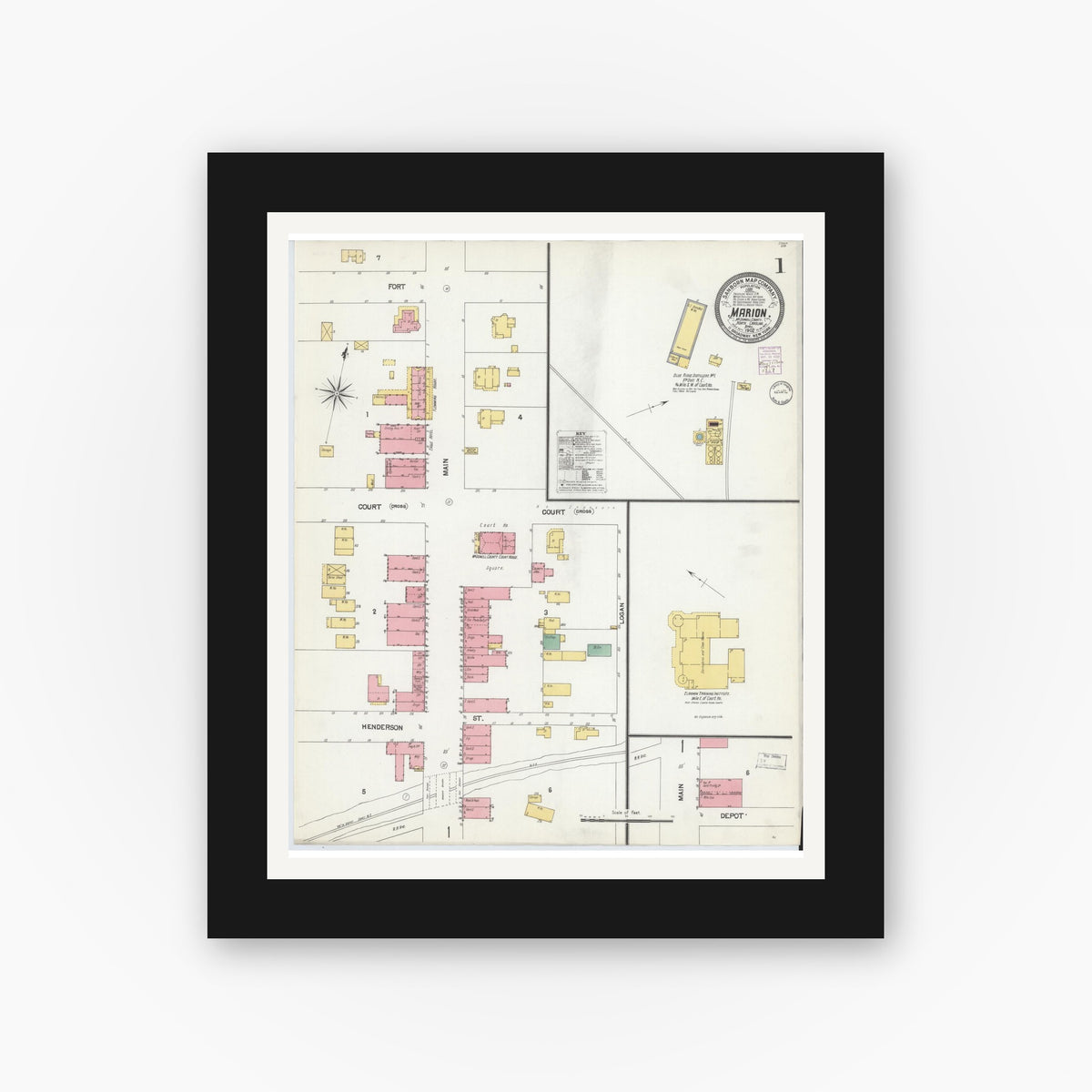 Old map wall art mockup — black gallery frame with white mat — Sanborn Fire Insurance Map from Marion, Mcdowell County, North Carolina (1902) - Complete Map Set