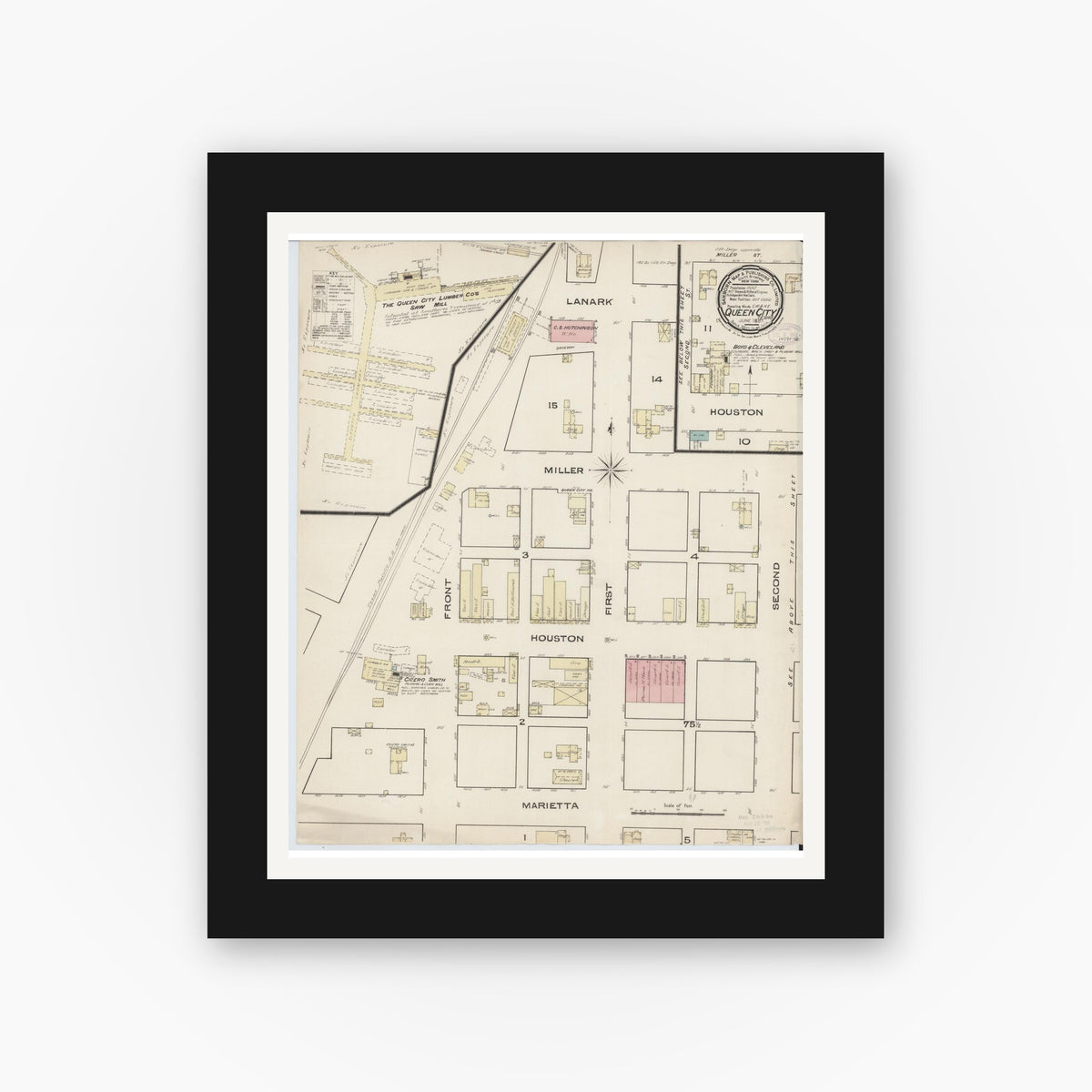Old map wall art mockup — black gallery frame with white mat — Sanborn Fire Insurance Map from Queen City, Cass County, Texas (1885), Sheet #0001