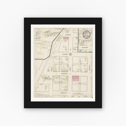 Old map wall art mockup — black gallery frame with white mat — Sanborn Fire Insurance Map from Queen City, Cass County, Texas (1885), Sheet #0001