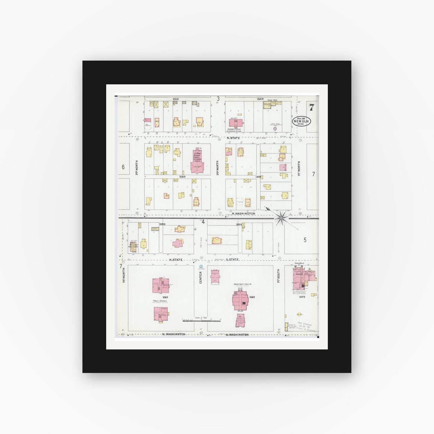 Old map wall art mockup — black gallery frame with white mat — Sanborn Fire Insurance Map from New Ulm, Brown County, Minnesota (1905), Sheet #0007