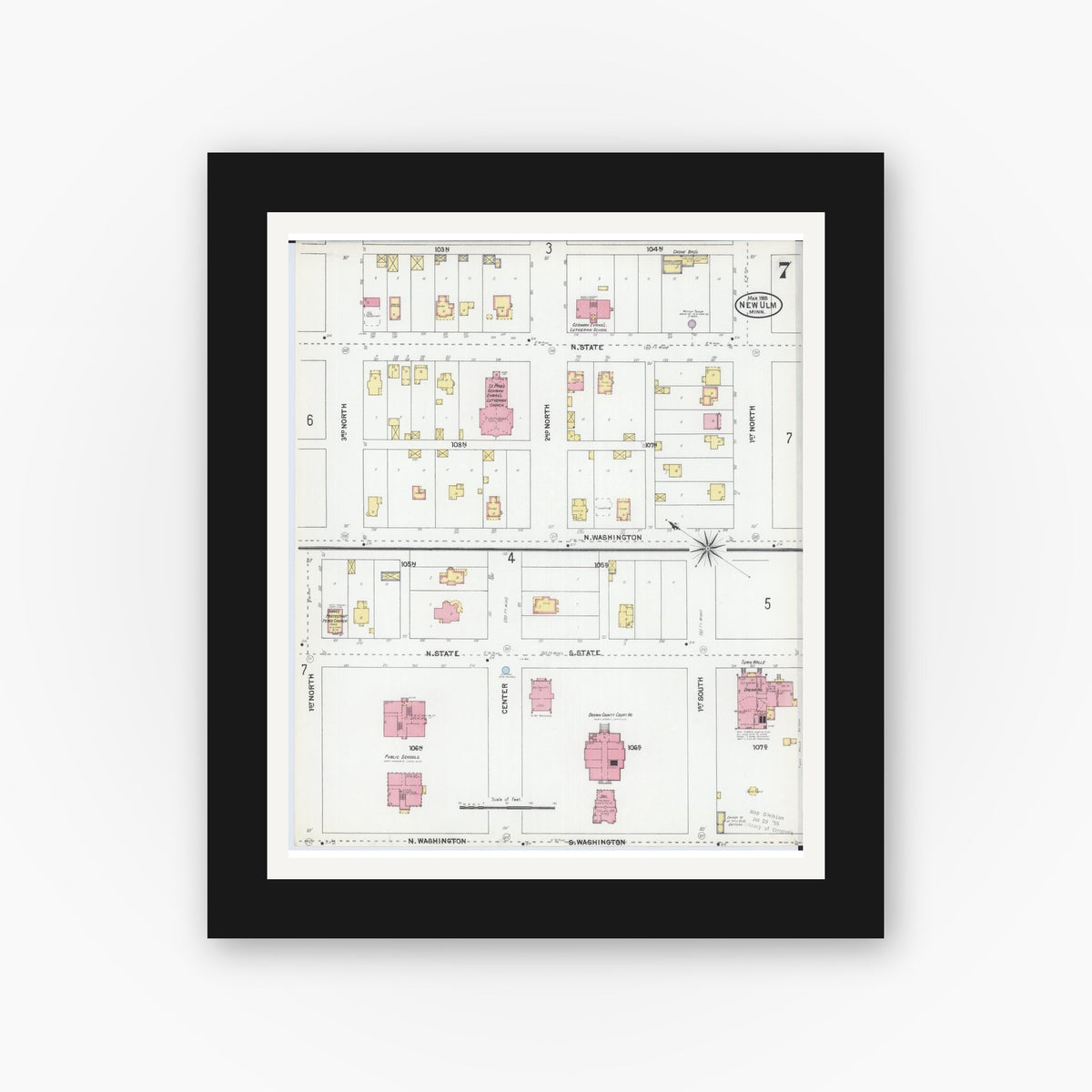 Old map wall art mockup — black gallery frame with white mat — Sanborn Fire Insurance Map from New Ulm, Brown County, Minnesota (1905), Sheet #0007