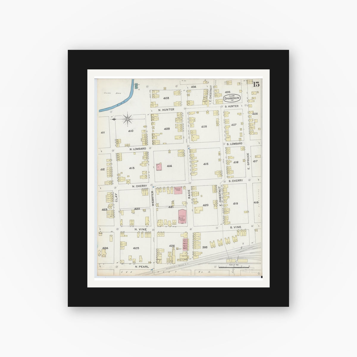 Old map wall art mockup — black gallery frame with white mat — Sanborn Fire Insurance Map from Shamokin, Northumberland County, Pennsylvania (1891), Sheet #0015