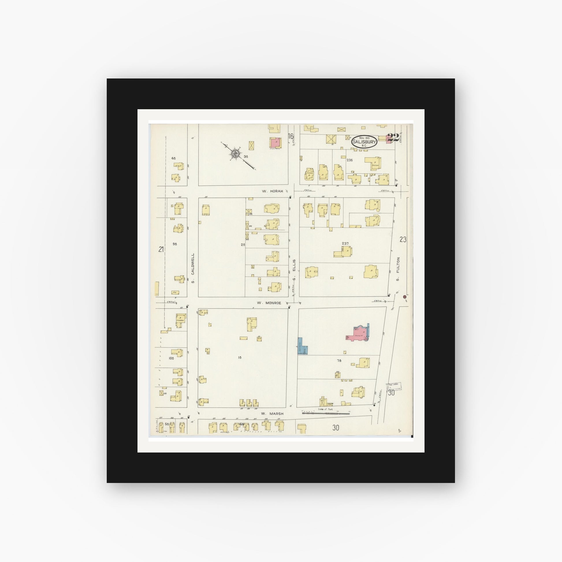 Old map wall art mockup — black gallery frame with white mat — Sanborn Fire Insurance Map from Salisbury, Rowan County, North Carolina (1913), Sheet #0022