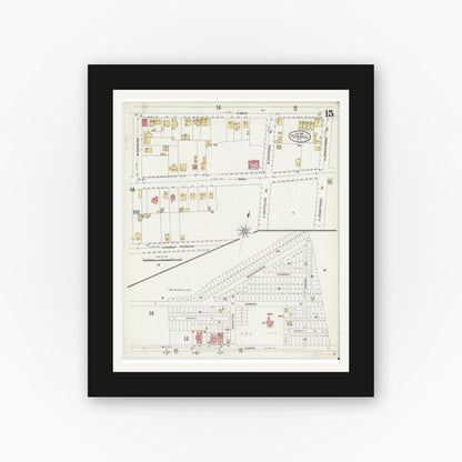 Old map wall art mockup — black gallery frame with white mat — Sanborn Fire Insurance Map from Peekskill, Westchester County, New York (1905), Sheet #0015