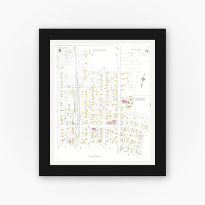 Old map wall art mockup — black gallery frame with white mat — Sanborn Fire Insurance Map from Monticello, Jones County, Iowa (1935), Sheet #0006