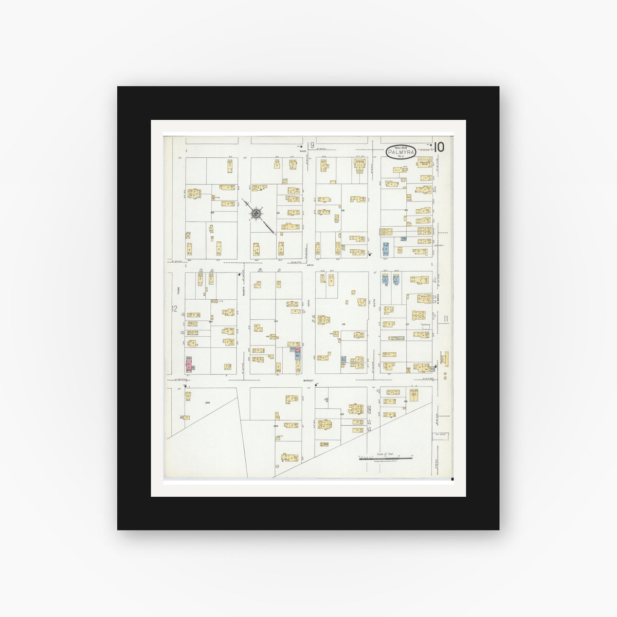 Old map wall art mockup — black gallery frame with white mat — Sanborn Fire Insurance Map from Palmyra, Burlington County, New Jersey (1919), Sheet #0010