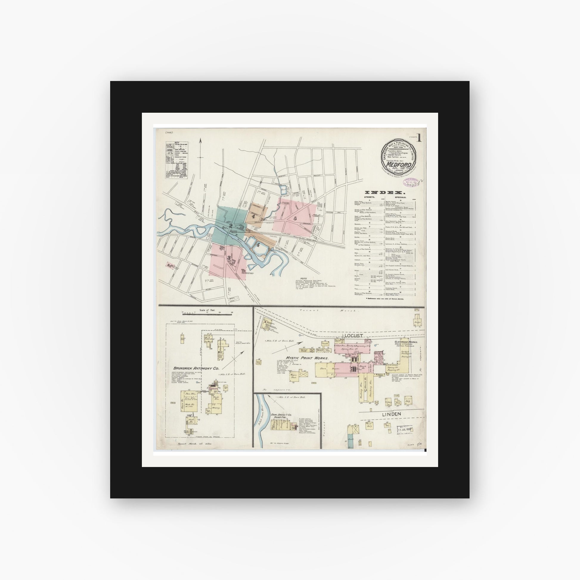 Old map wall art mockup — black gallery frame with white mat — Sanborn Fire Insurance Map from Medford, Middlesex County, Massachusetts (1887), Sheet #0001