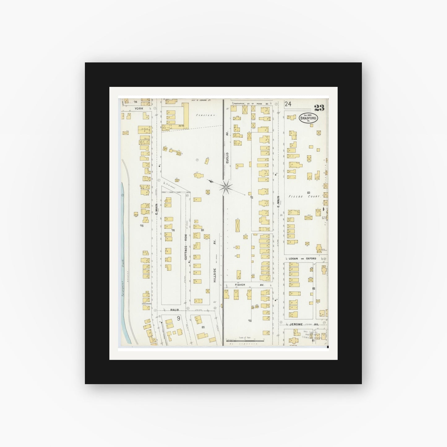 Old map wall art mockup — black gallery frame with white mat — Sanborn Fire Insurance Map from Bradford, McKean County, Pennsylvania (1899), Sheet #0023