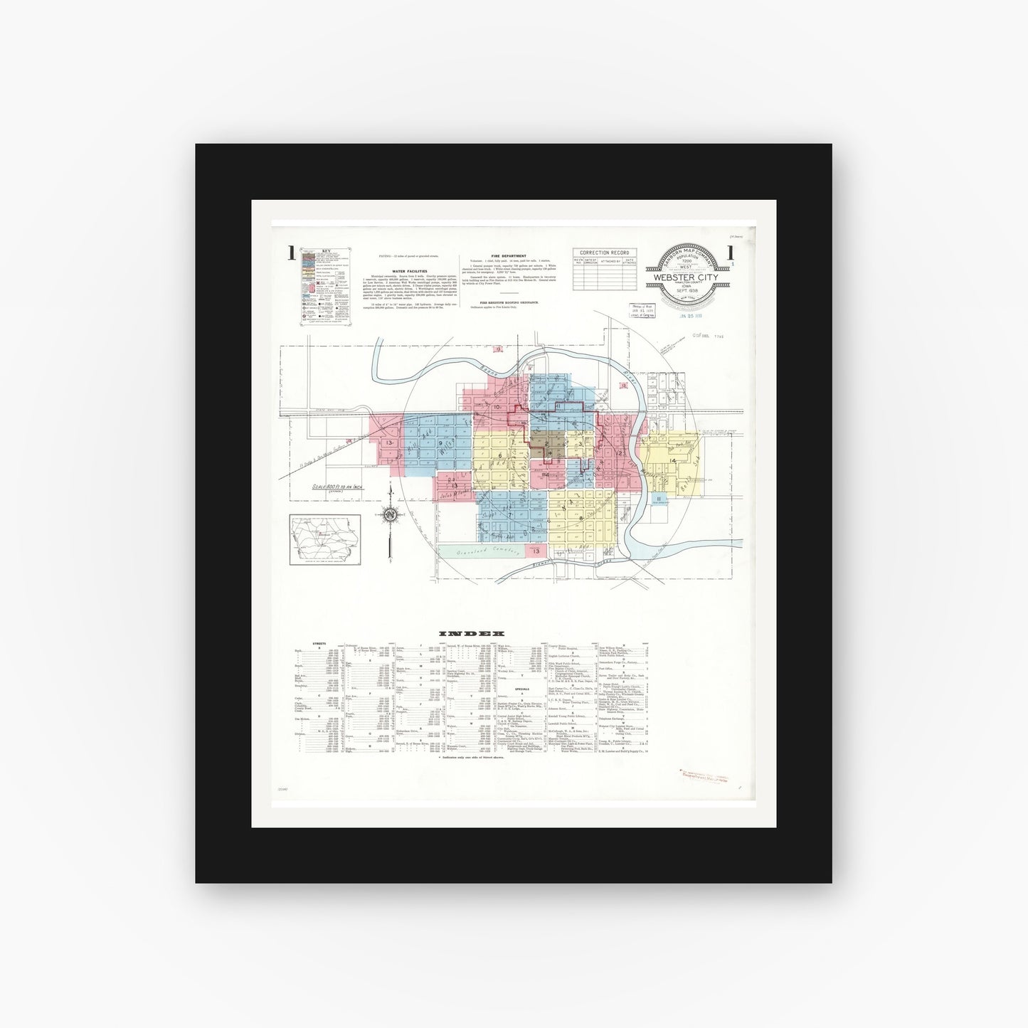 Old map wall art mockup — black gallery frame with white mat — Sanborn Fire Insurance Map from Webster City, Hamilton County, Iowa (1938) â€” Complete Set