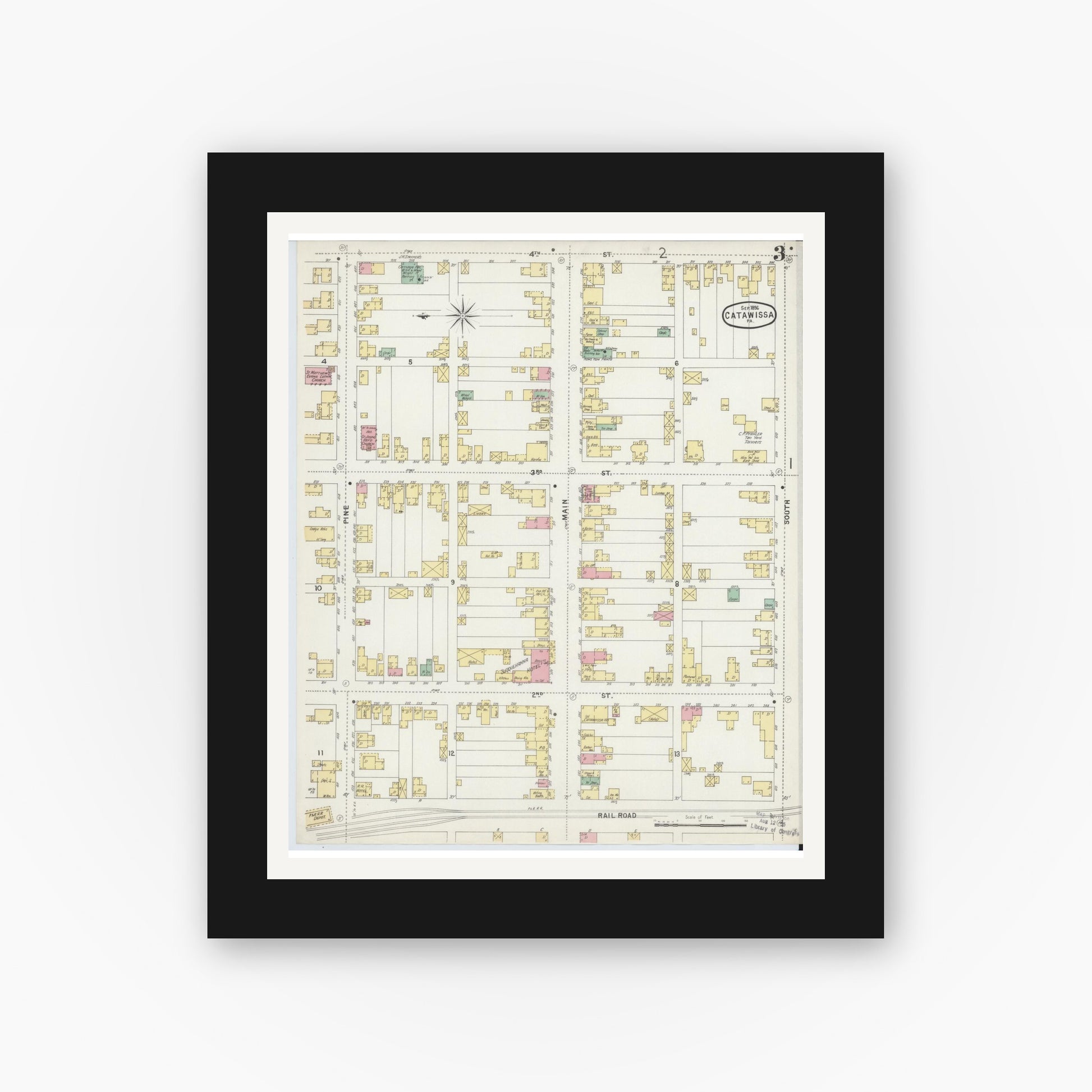 Old map wall art mockup — black gallery frame with white mat — Sanborn Fire Insurance Map from Catawissa, Columbia County, Pennsylvania (1896), Sheet #0003