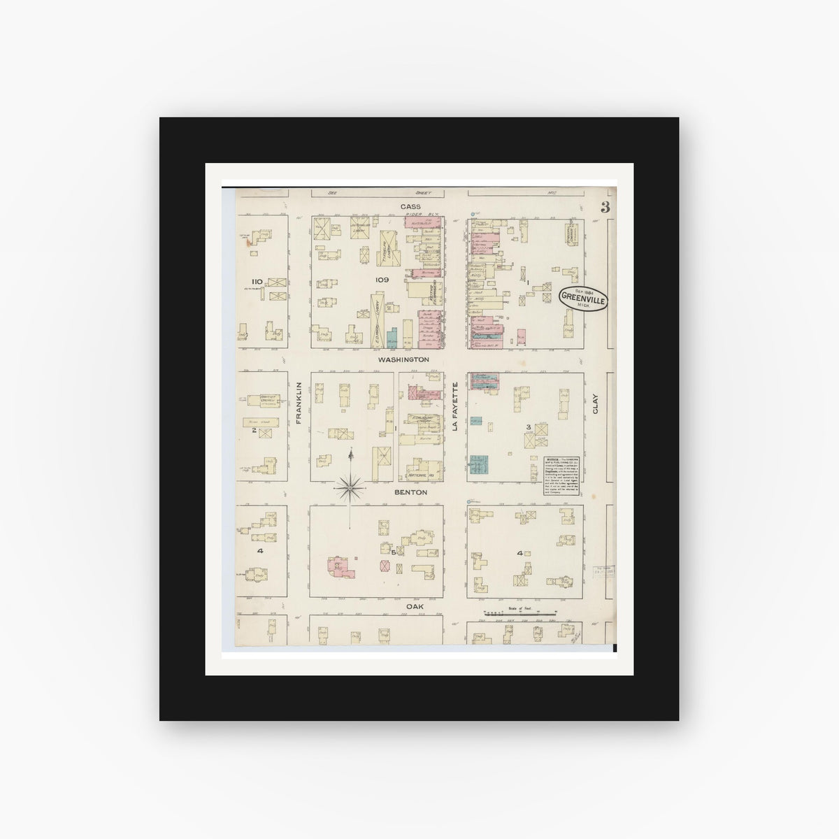 Old map wall art mockup — black gallery frame with white mat — Sanborn Fire Insurance Map from Greenville, Montcalm County, Michigan (1884), Sheet #0003