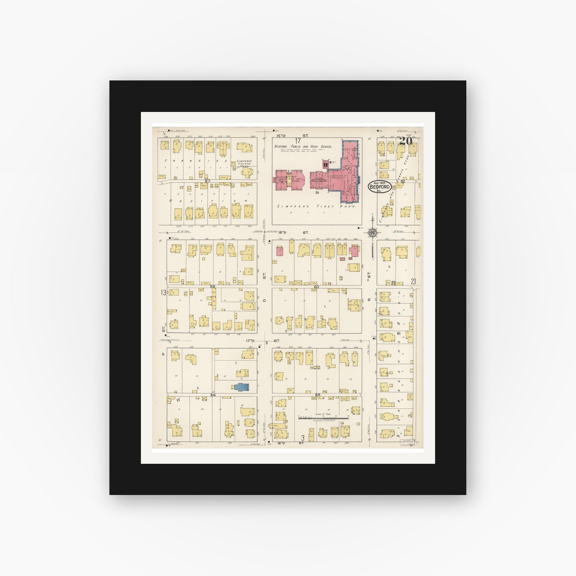 Old map wall art mockup — black gallery frame with white mat — Sanborn Fire Insurance Map from Bedford, Lawrence County, Indiana (1922), Sheet #0020
