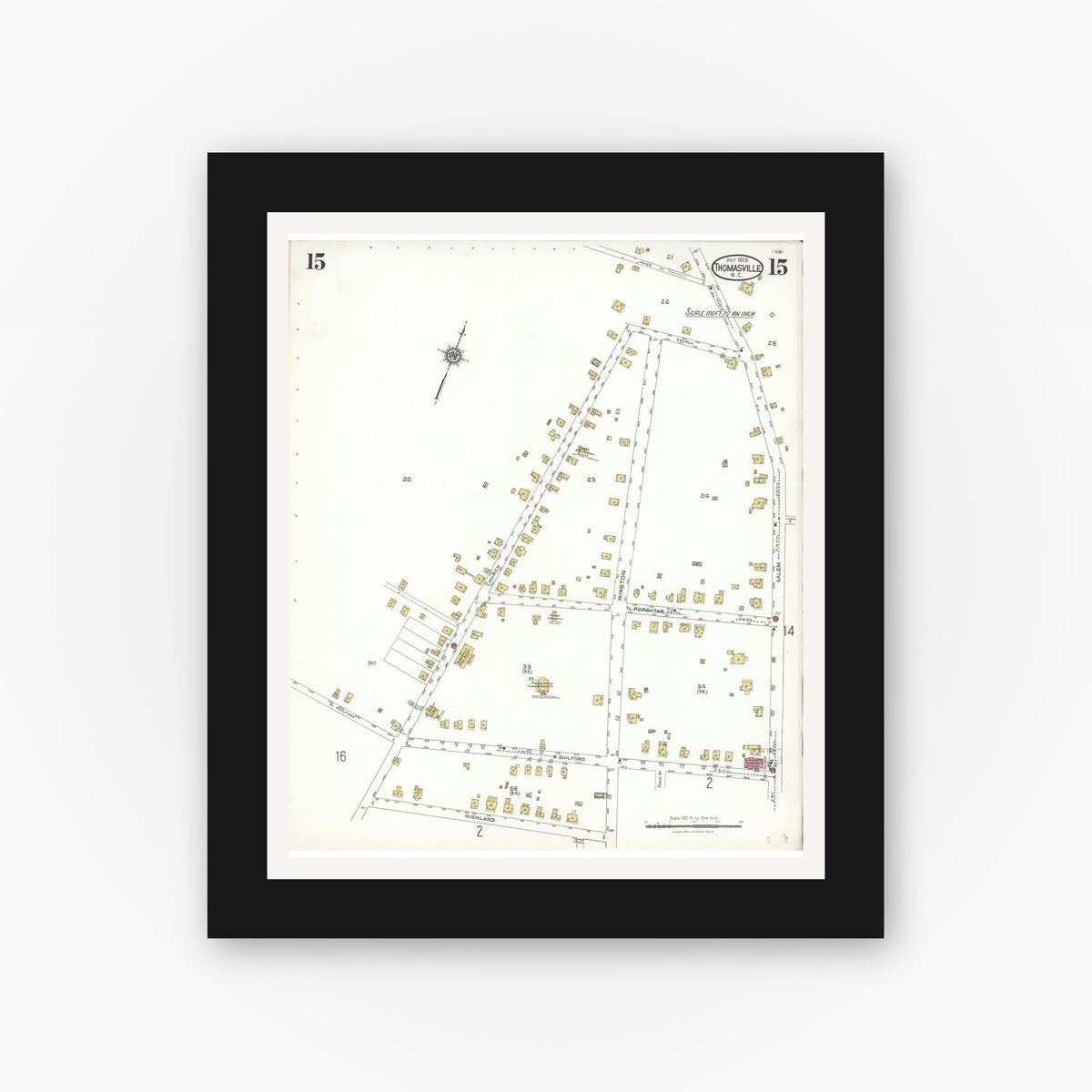Old map wall art mockup — black gallery frame with white mat — Sanborn Fire Insurance Map from Thomasville, Davidson County, North Carolina (1923), Sheet #0015