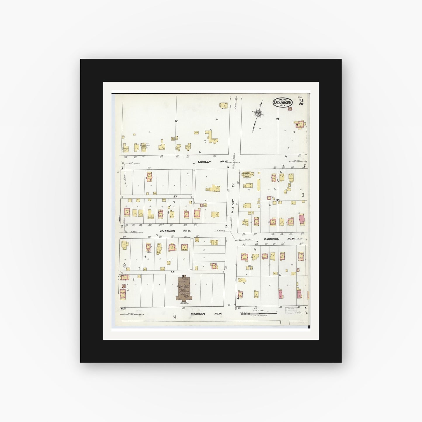 Old map wall art mockup — black gallery frame with white mat — Sanborn Fire Insurance Map from Dearborn, Wayne County, Michigan (1921), Sheet #0002