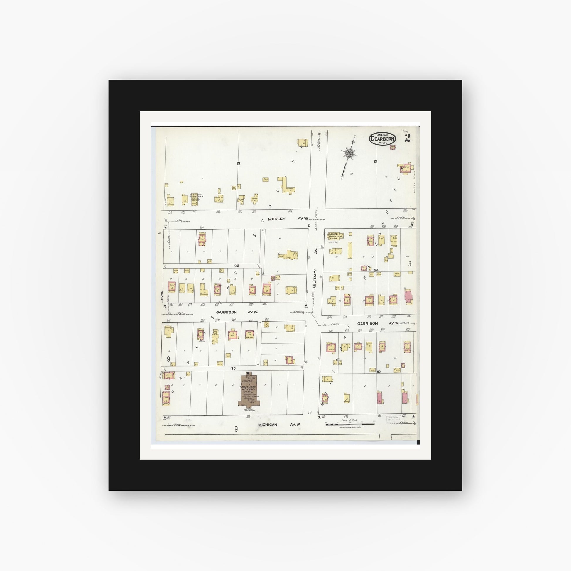 Old map wall art mockup — black gallery frame with white mat — Sanborn Fire Insurance Map from Dearborn, Wayne County, Michigan (1921), Sheet #0002