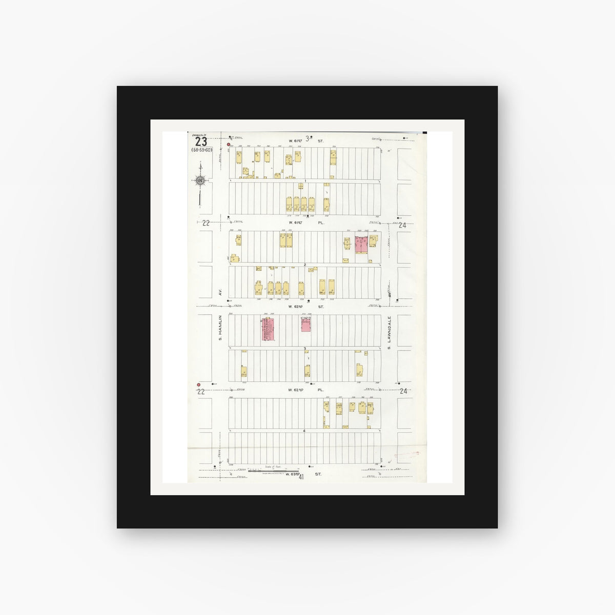 Old map wall art mockup — black gallery frame with white mat — Sanborn Fire Insurance Map from Chicago, Cook County, Illinois (1920), Sheet #0023