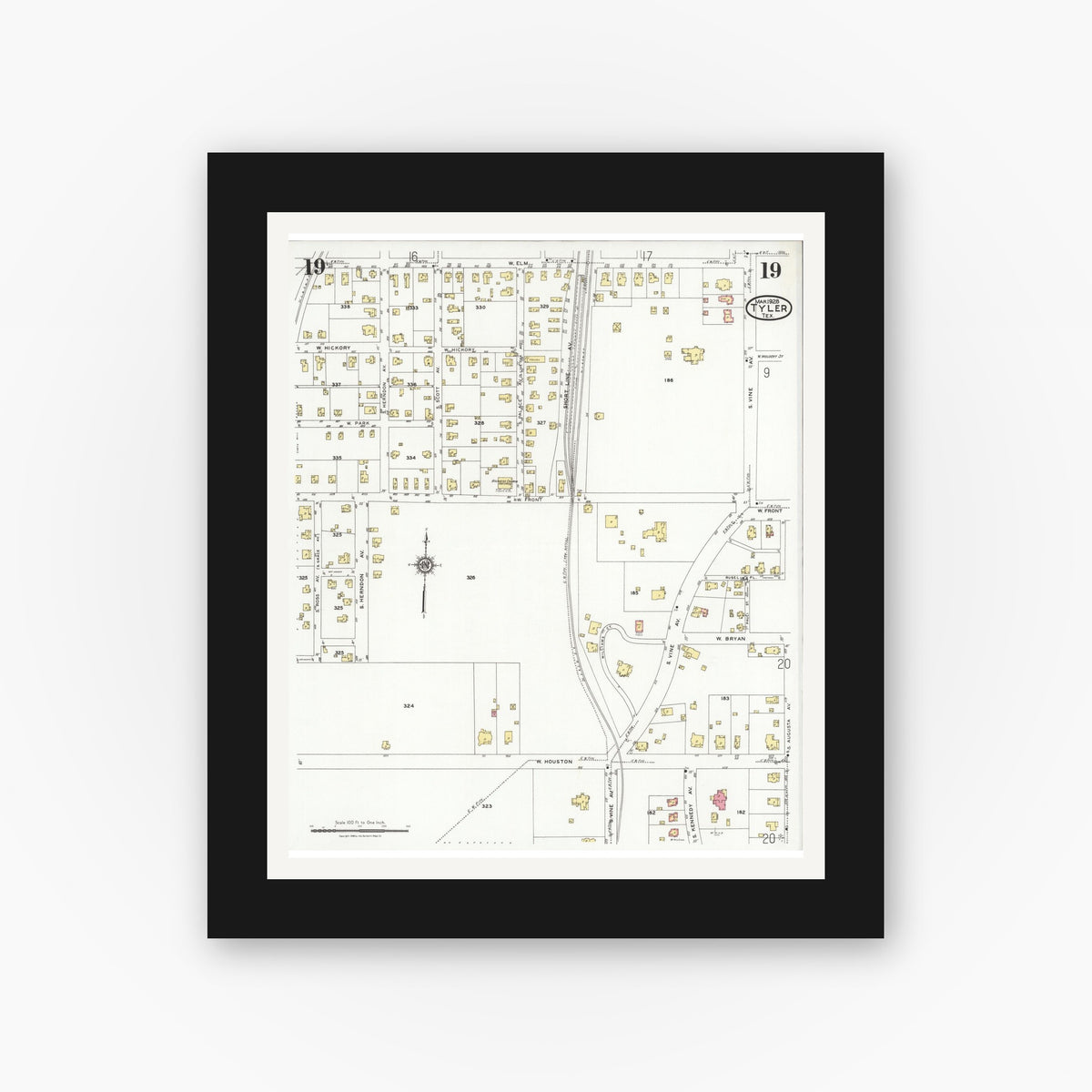Old map wall art mockup — black gallery frame with white mat — Sanborn Fire Insurance Map from Tyler, Smith County, Texas (1928), Sheet #0019