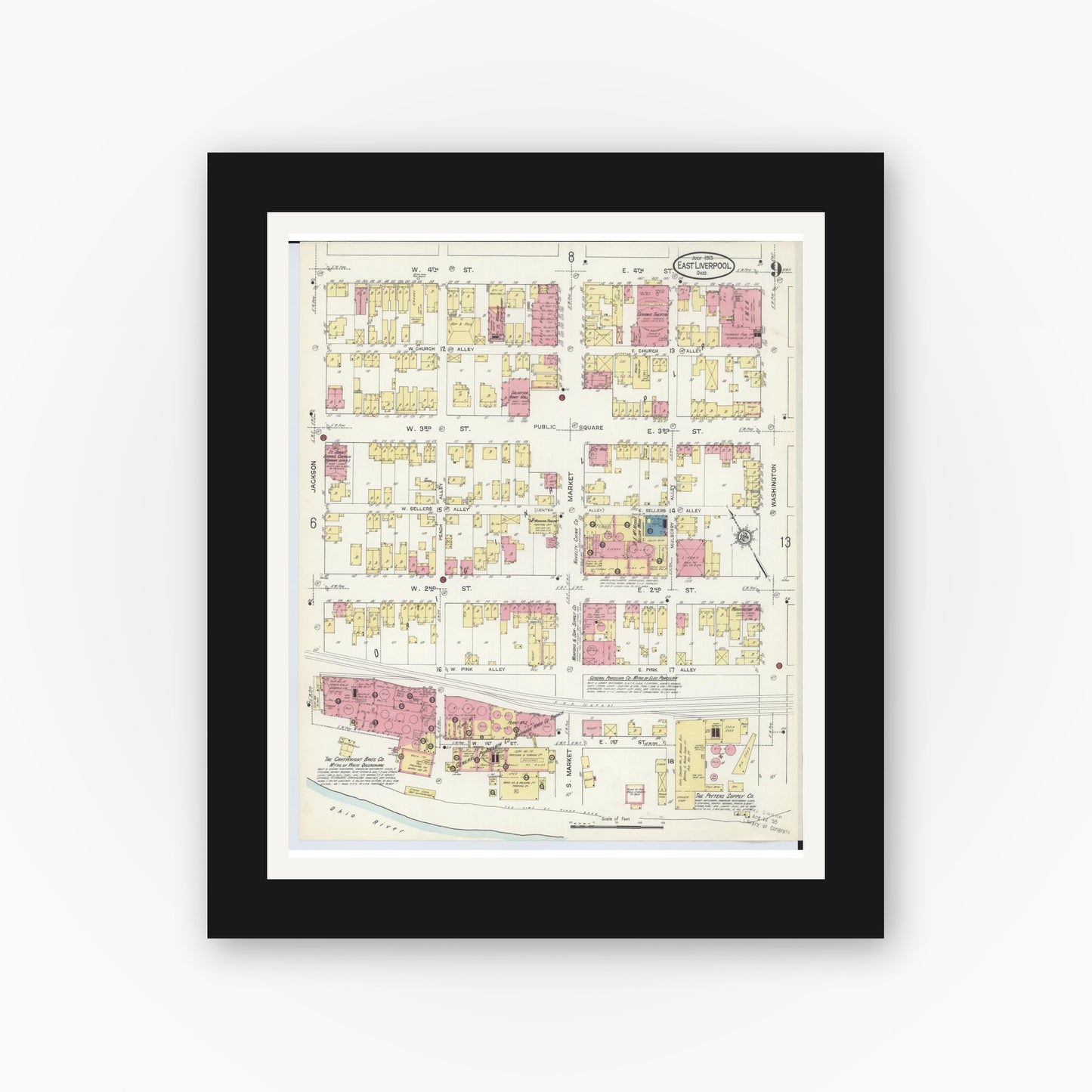 Old map wall art mockup — black gallery frame with white mat — Sanborn Fire Insurance Map from East Liverpool, Columbiana County, Ohio (1913), Sheet #0009