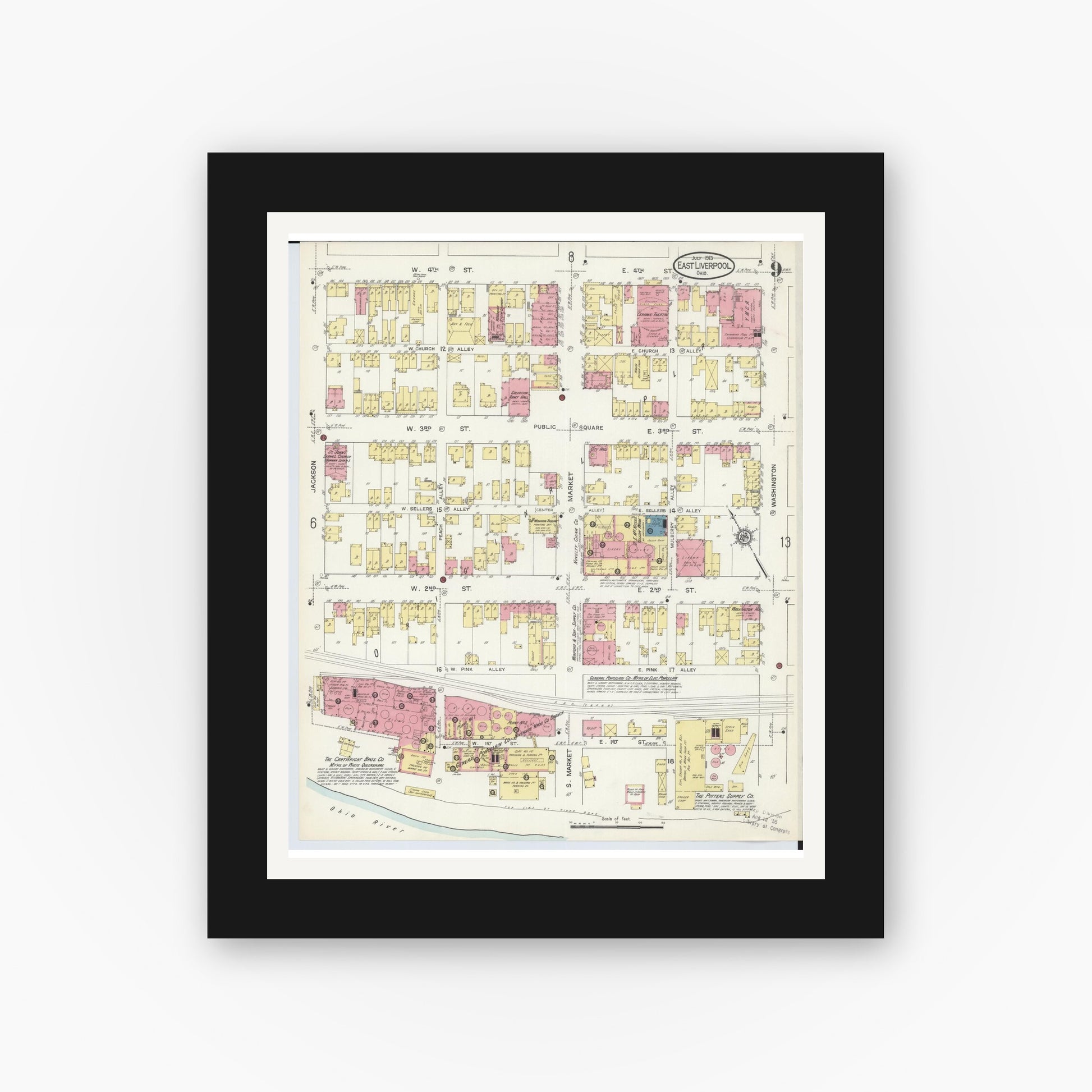 Old map wall art mockup — black gallery frame with white mat — Sanborn Fire Insurance Map from East Liverpool, Columbiana County, Ohio (1913), Sheet #0009