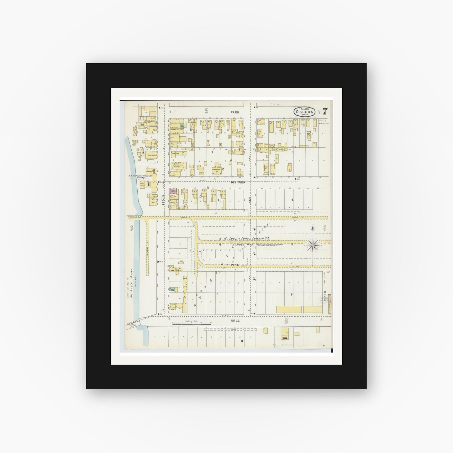 Old map wall art mockup — black gallery frame with white mat — Sanborn Fire Insurance Map from Oscoda, Iosco County, Michigan (1895), Sheet #0007
