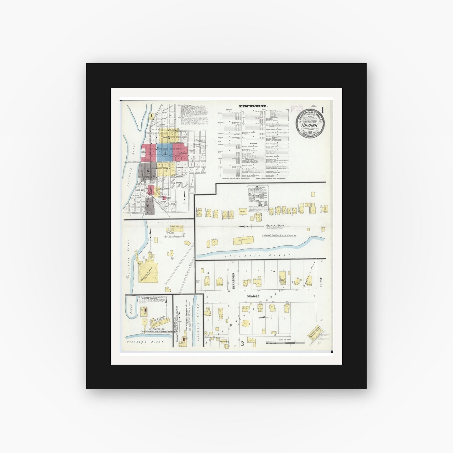 Old map wall art mockup — black gallery frame with white mat — Sanborn Fire Insurance Map from Havana, Mason County, Illinois (1909) - Complete Map Set