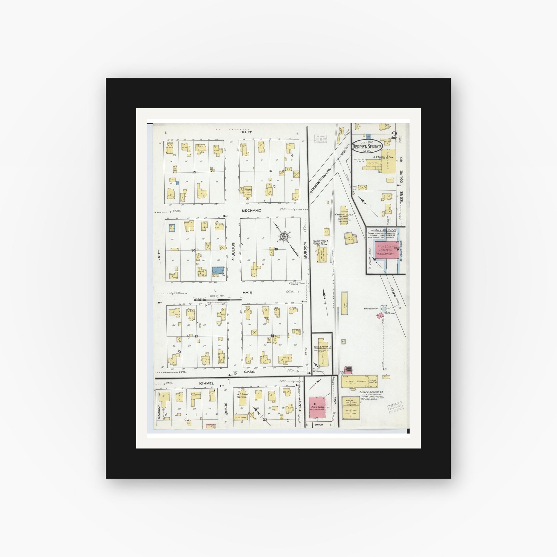 Old map wall art mockup — black gallery frame with white mat — Sanborn Fire Insurance Map from Berrien Springs, Berrien County, Michigan (1918), Sheet #0002