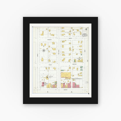 Old map wall art mockup — black gallery frame with white mat — Sanborn Fire Insurance Map from Ithaca, Gratiot County, Michigan (1900), Sheet #0002