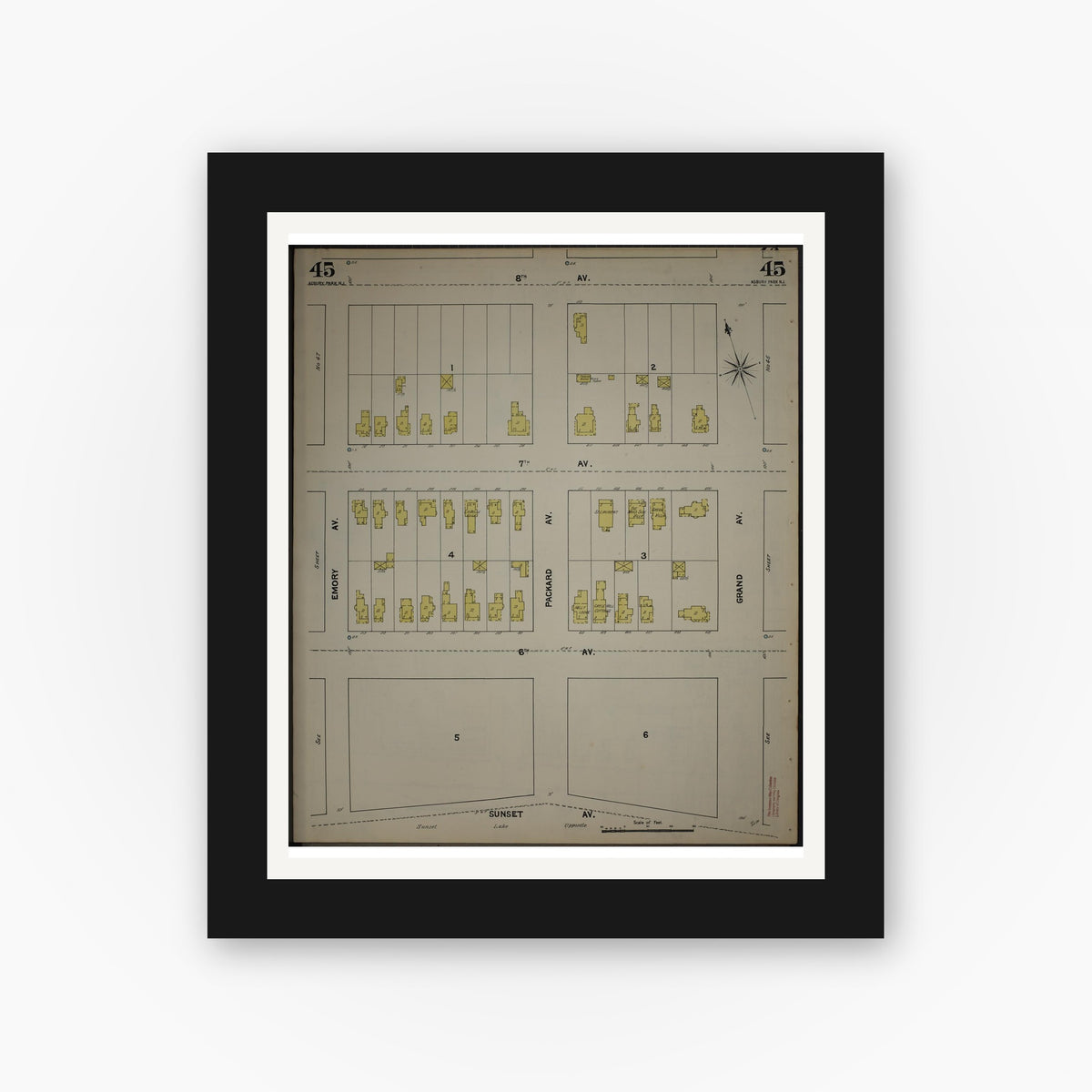 Old map wall art mockup — black gallery frame with white mat — Sanborn Fire Insurance Map from New Jersey Coast, New Jersey Coast, New Jersey (1890), Sheet #0045