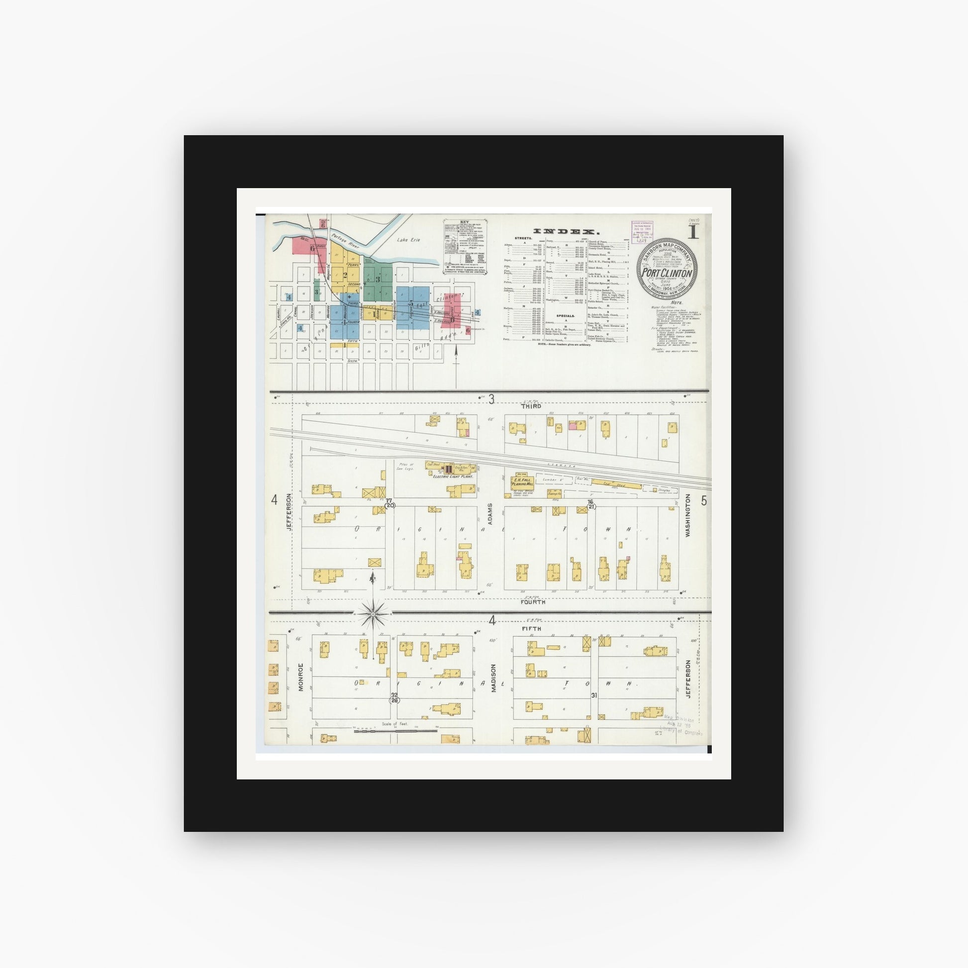 Old map wall art mockup — black gallery frame with white mat — Sanborn Fire Insurance Map from Port Clinton, Ottawa County, Ohio (1904), Sheet #0001