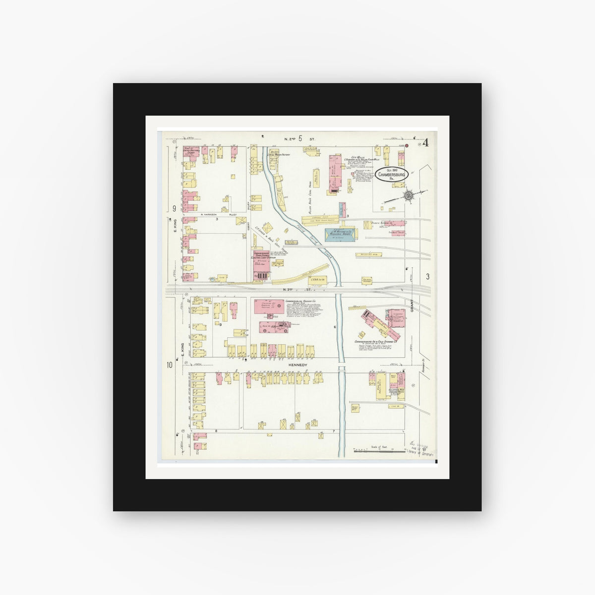 Old map wall art mockup — black gallery frame with white mat — Sanborn Fire Insurance Map from Chambersburg, Franklin County, Pennsylvania (1910), Sheet #0004