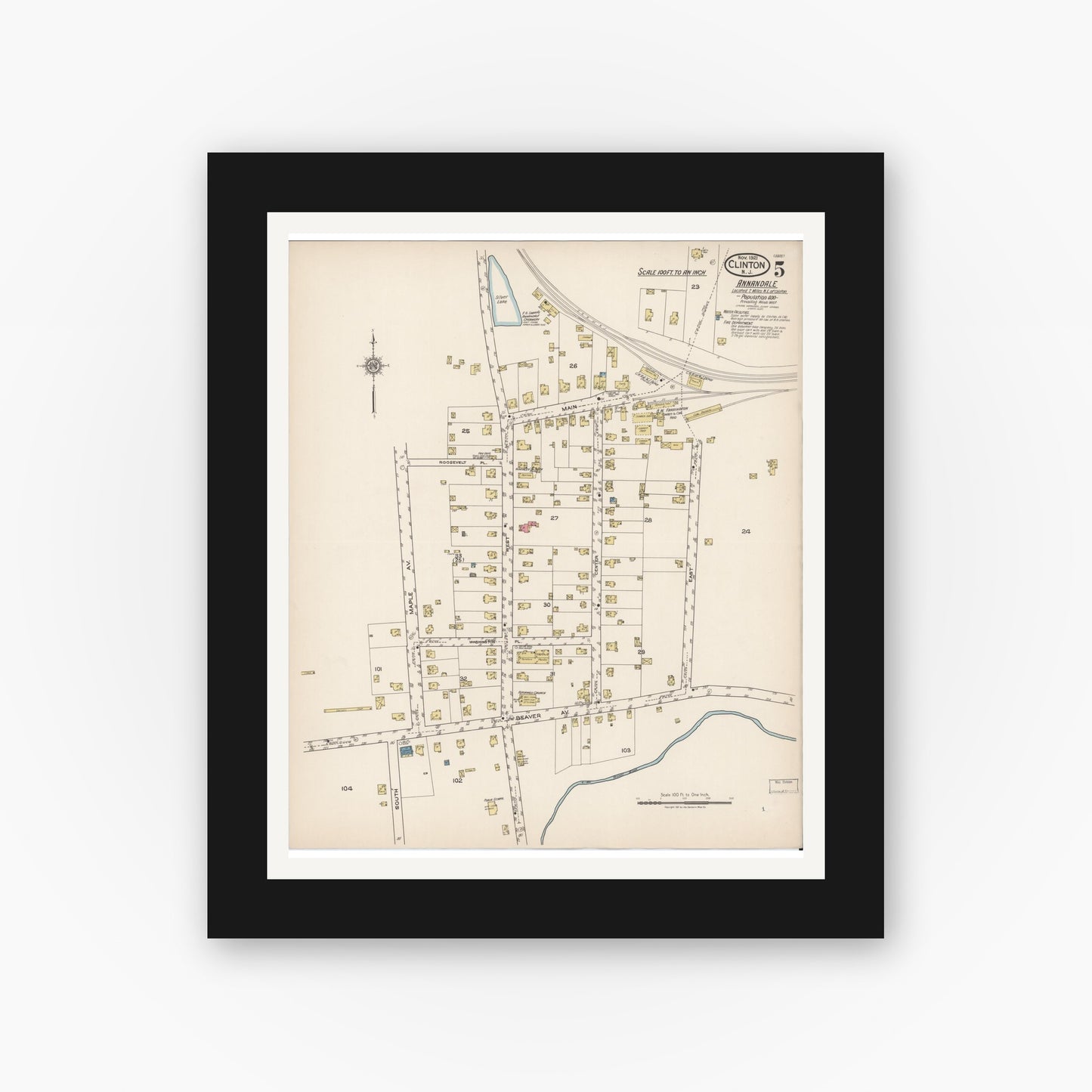 Old map wall art mockup — black gallery frame with white mat — Sanborn Fire Insurance Map from Clinton, Hunterdon County, New Jersey (1921), Sheet #0005