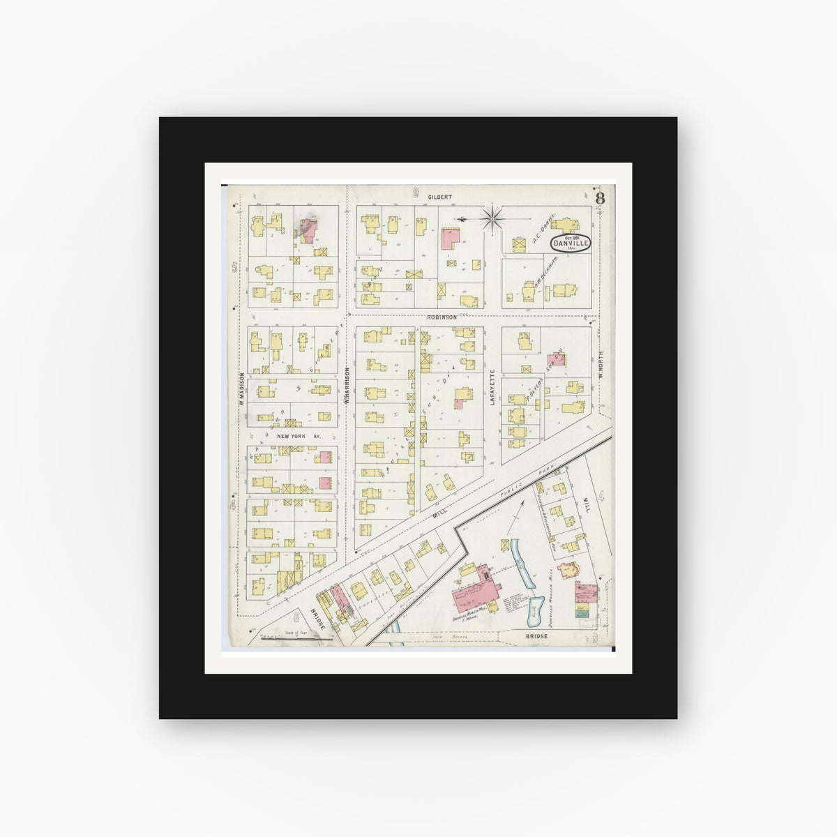 Old map wall art mockup — black gallery frame with white mat — Sanborn Fire Insurance Map from Danville, Vermilion County, Illinois (1895), Sheet #0008