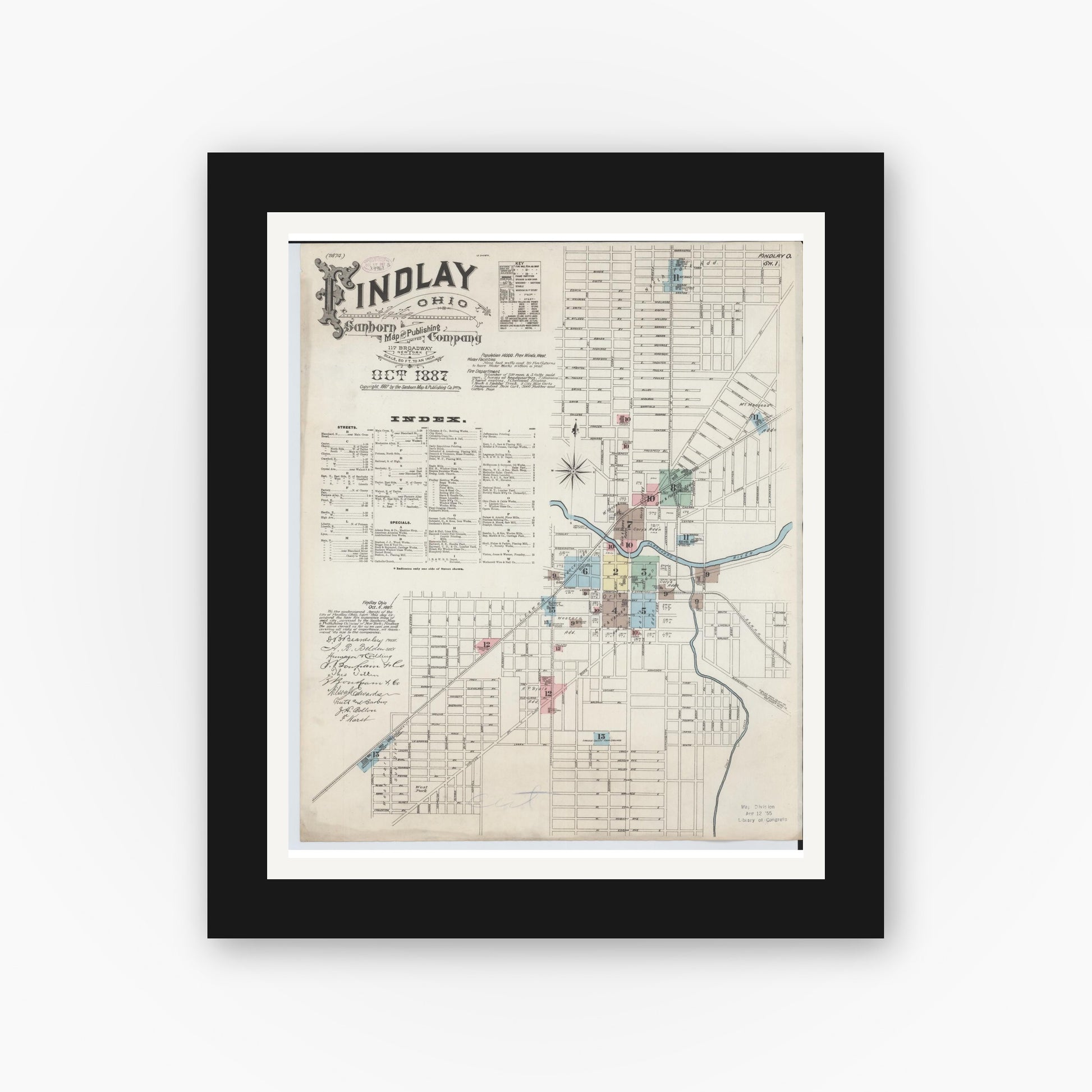 Old map wall art mockup — black gallery frame with white mat — Sanborn Fire Insurance Map from Findlay, Hancock County, Ohio (1887), Sheet #0001