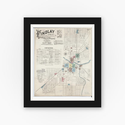Old map wall art mockup — black gallery frame with white mat — Sanborn Fire Insurance Map from Findlay, Hancock County, Ohio (1887), Sheet #0001