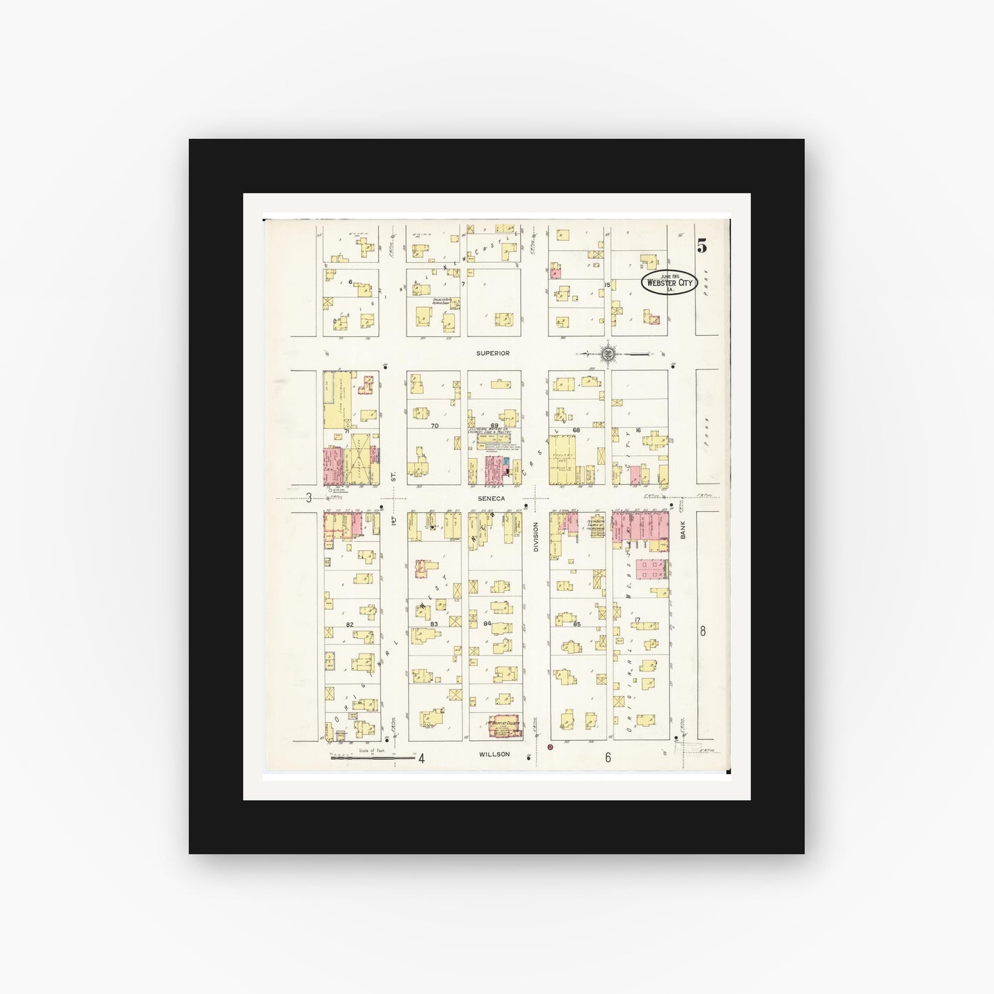 Old map wall art mockup — black gallery frame with white mat — Sanborn Fire Insurance Map from Webster City, Hamilton County, Iowa (1915), Sheet #0005